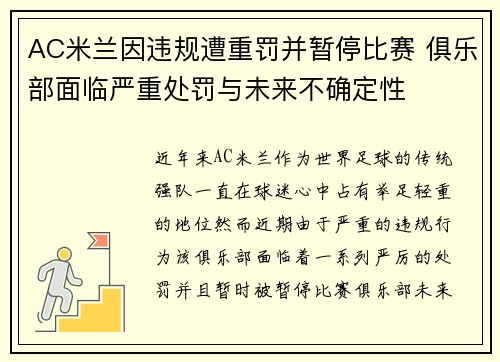 AC米兰因违规遭重罚并暂停比赛 俱乐部面临严重处罚与未来不确定性