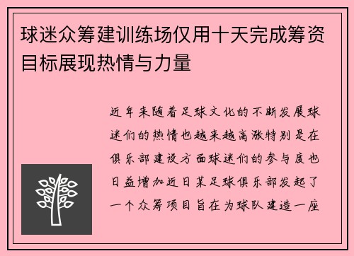 球迷众筹建训练场仅用十天完成筹资目标展现热情与力量