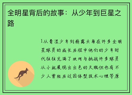 全明星背后的故事：从少年到巨星之路