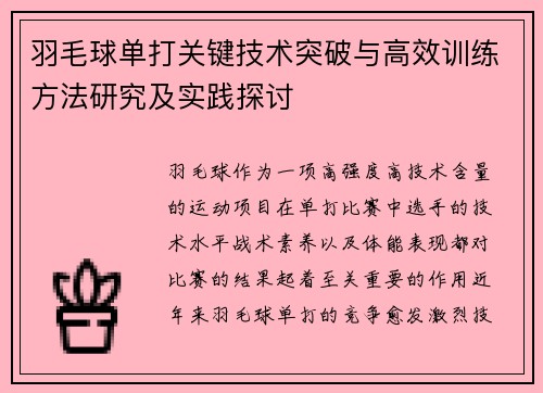 羽毛球单打关键技术突破与高效训练方法研究及实践探讨 羽毛球单打关键技术突破与高效训练方法研究及实践探讨